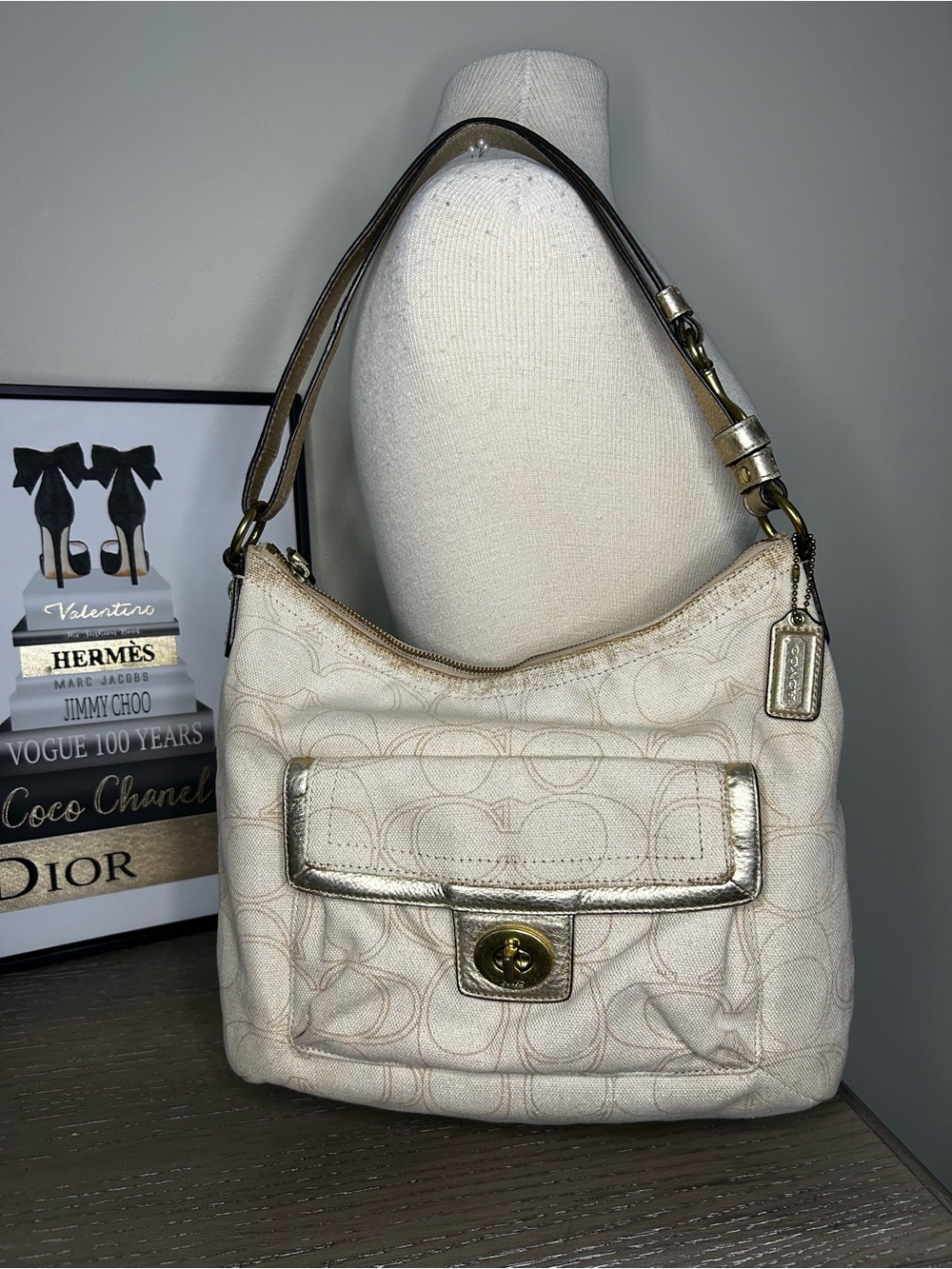 COACH Penelope Signature Convertible Shoulder Bag – Ivory Linen & Leather - Picture 2 of 11